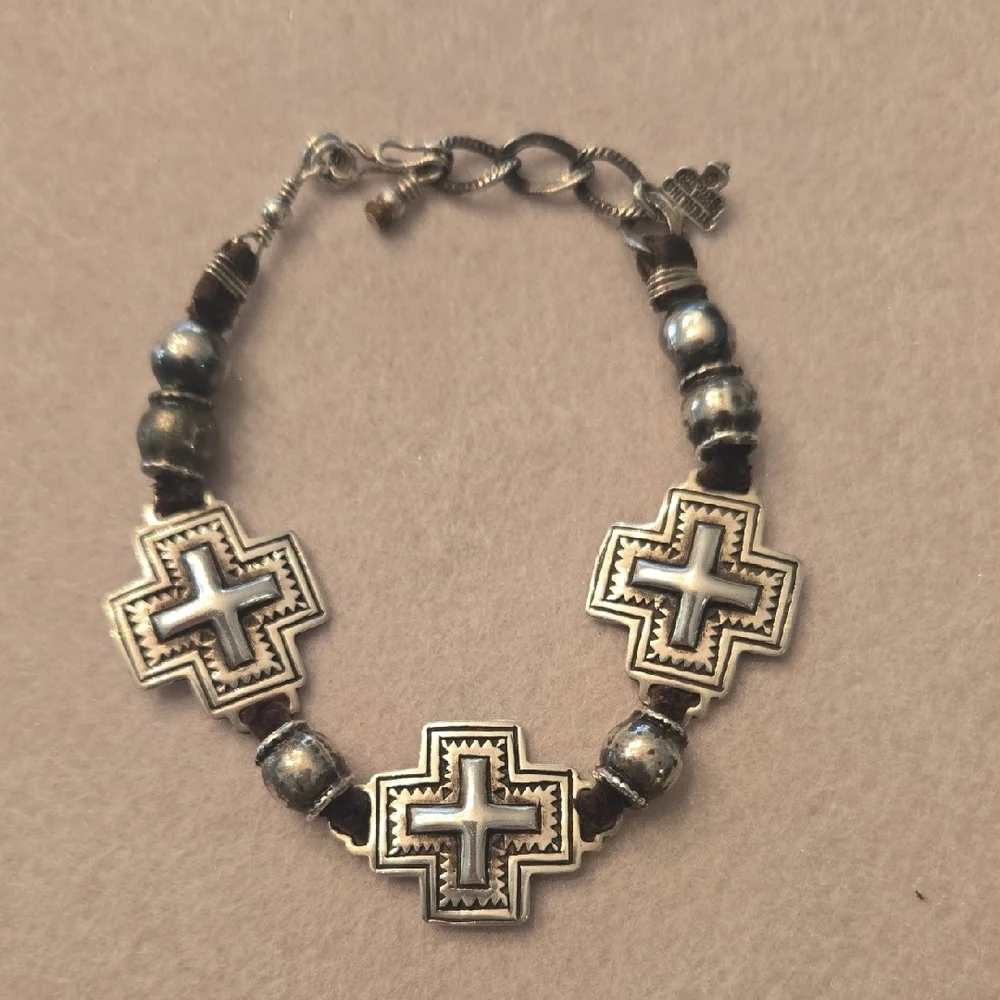 Sterling Silver Peyote Brand Designs  Cross Leather Bracelet
